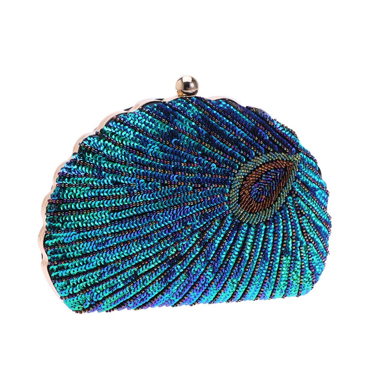 Women blue clutch bag with sequin finish and beaded detail