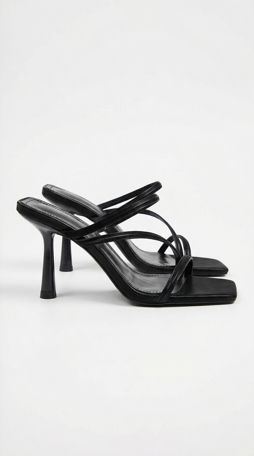 Women black heeled sandals with square toe and cross straps