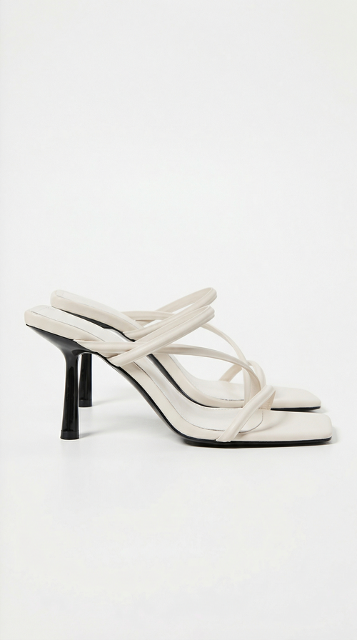 Women cream heeled sandals with square toe and cross straps