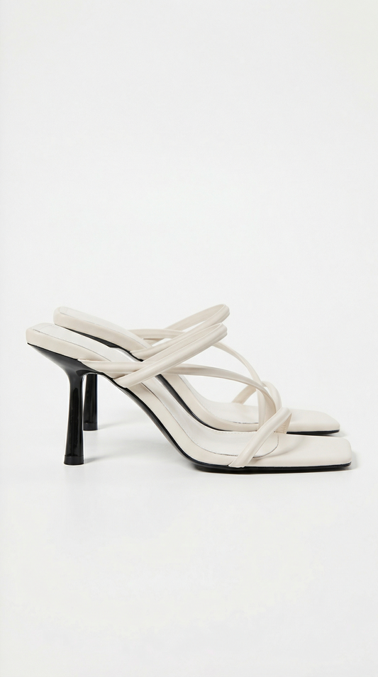 Women cream heeled sandals with square toe and cross straps