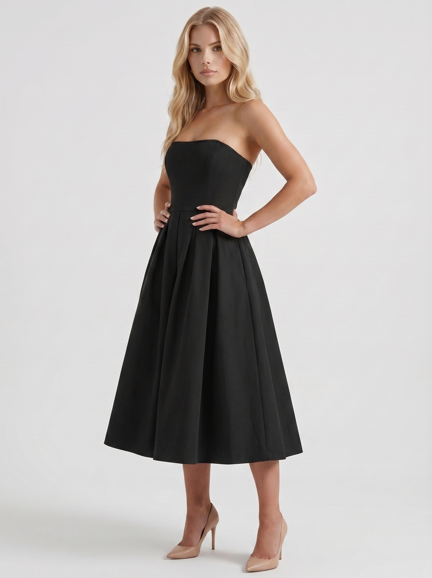 Women black strapless pleated A line midi dress, 45 degree angle