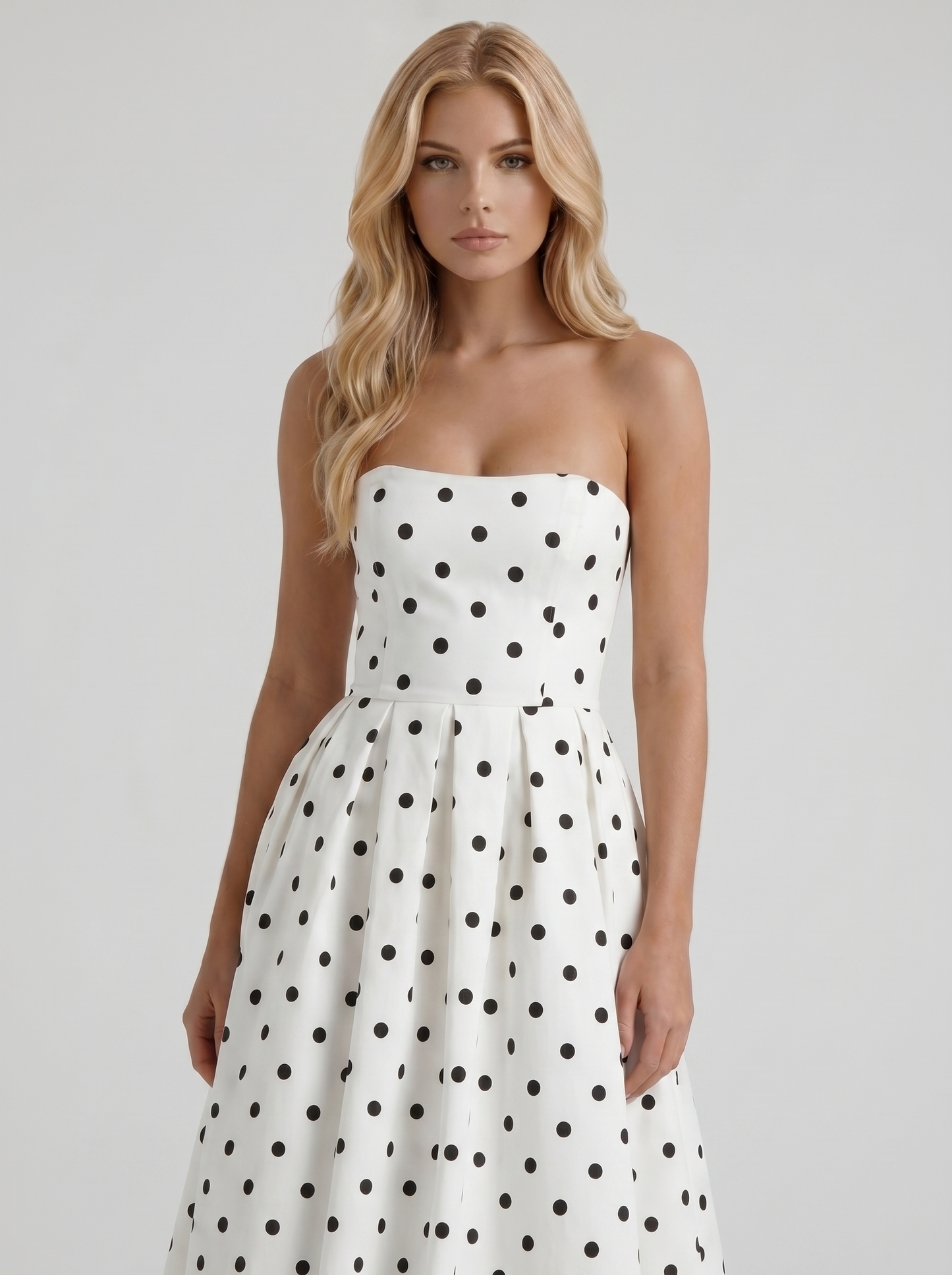 Women black polka dot strapless pleated midi dress with box pleats, front cropped view