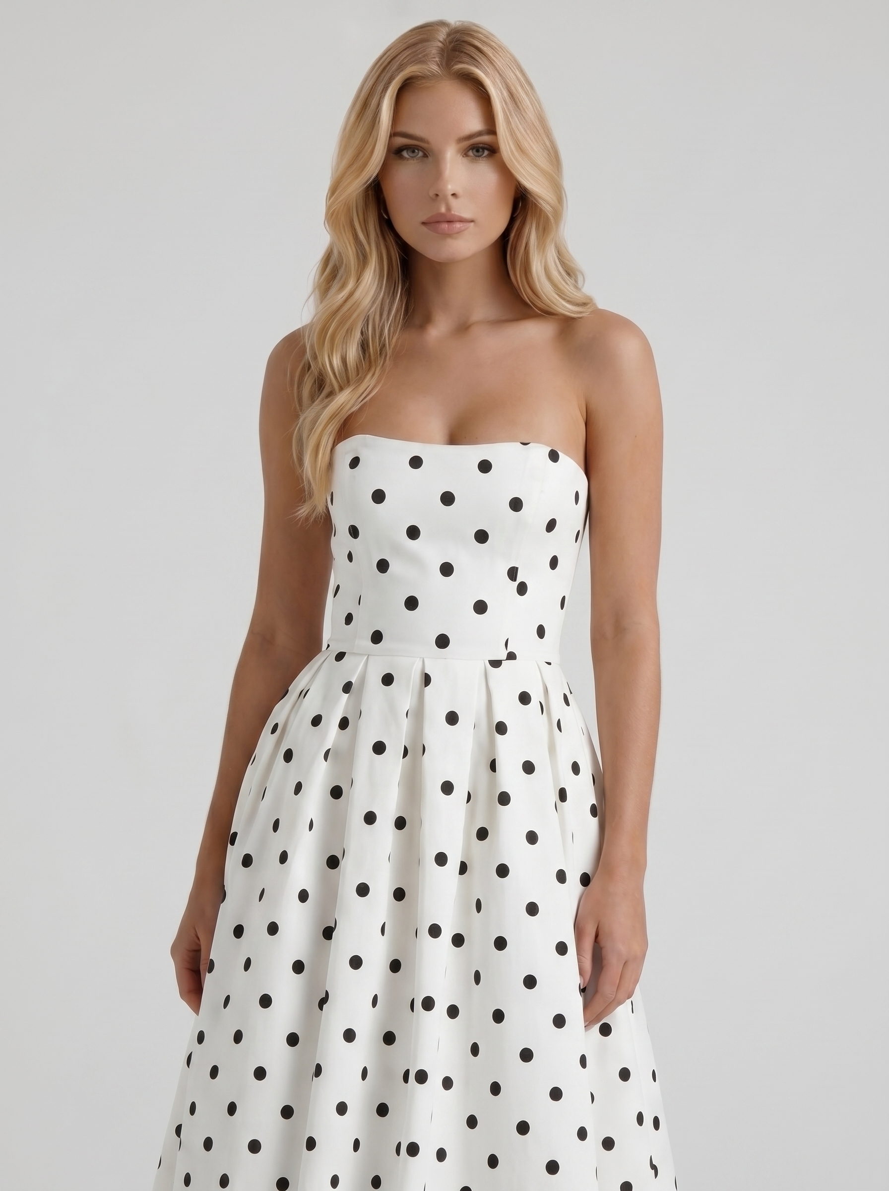 Women black polka dot strapless pleated midi dress with box pleats, front cropped view