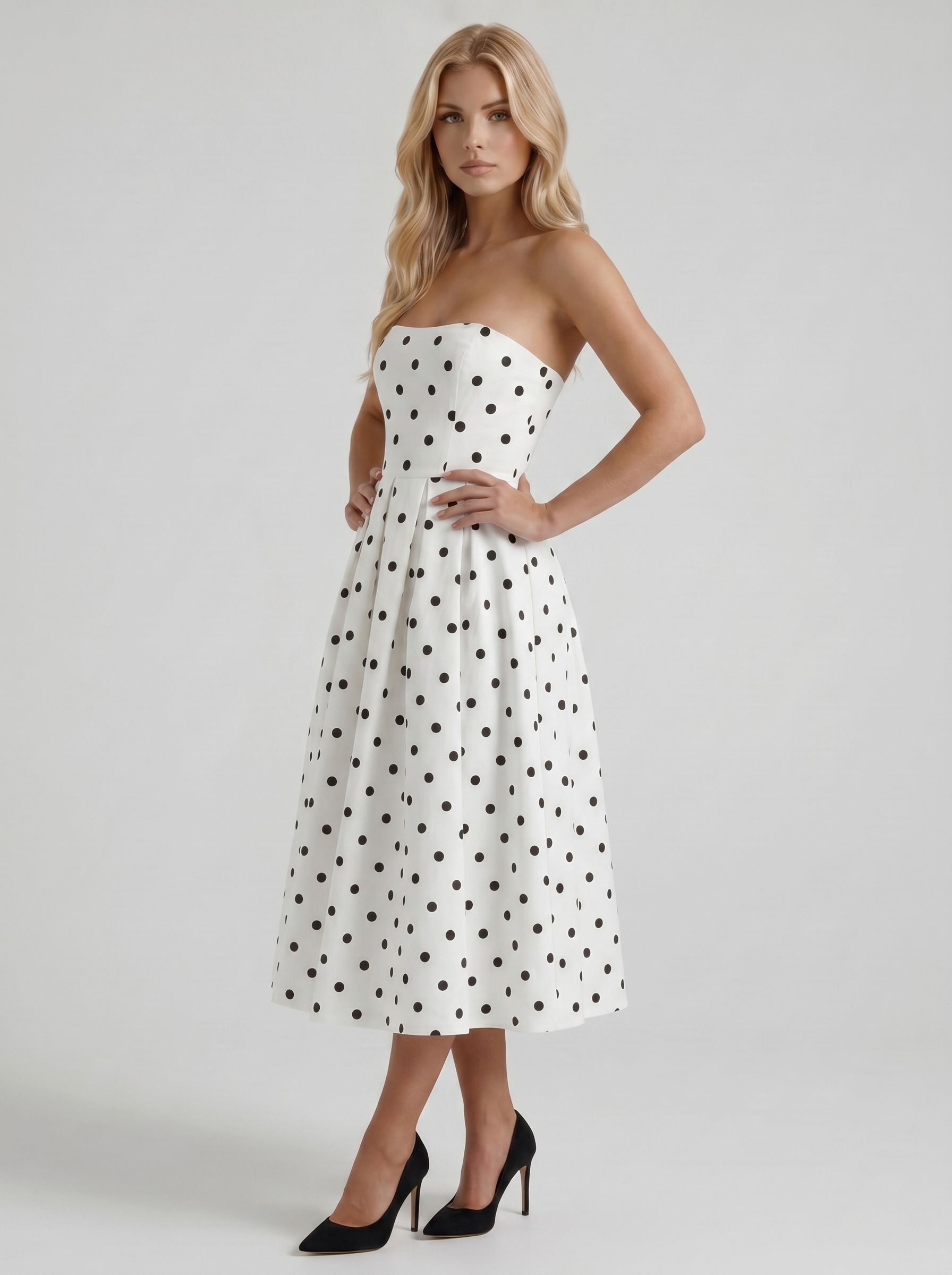 Women black polka dot strapless pleated A line midi dress, 45 degree angle