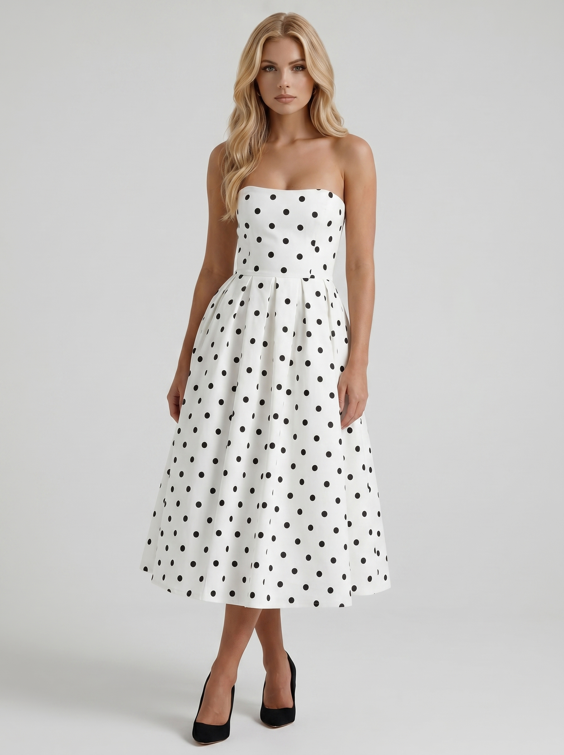 Women black polka dot strapless pleated A line midi dress with fitted bodice, front view