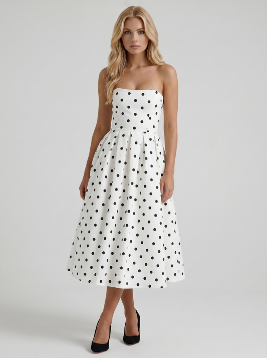 Audrey Strapless Pleated A Line Midi Dress - Black Polka Dot