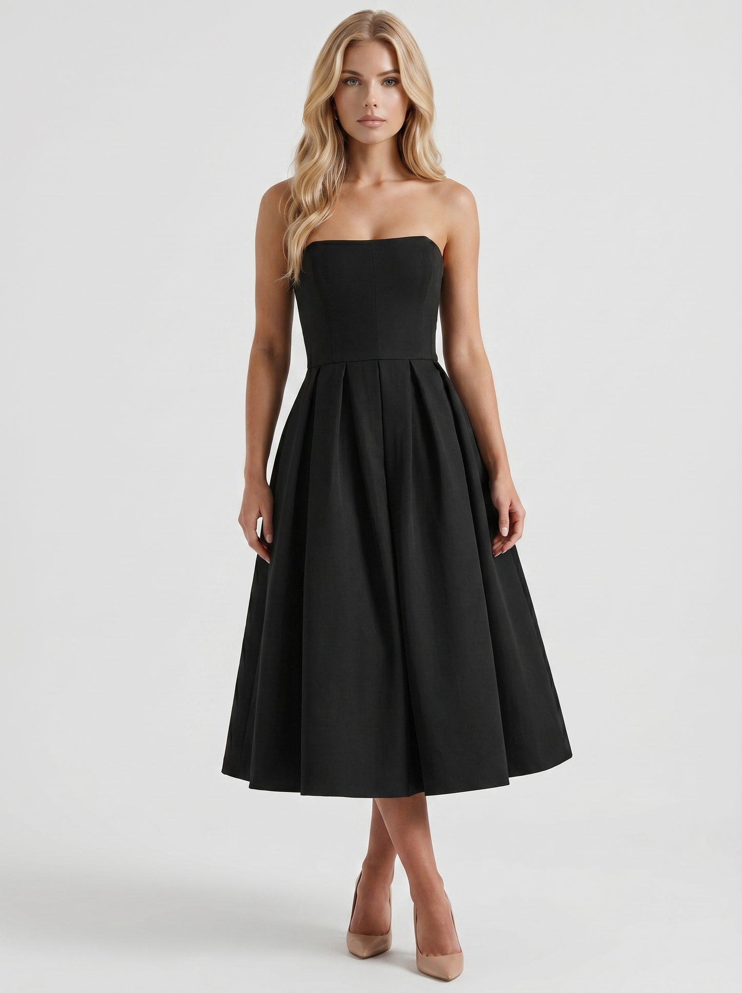 Women black strapless pleated A line midi dress with fitted bodice, front view