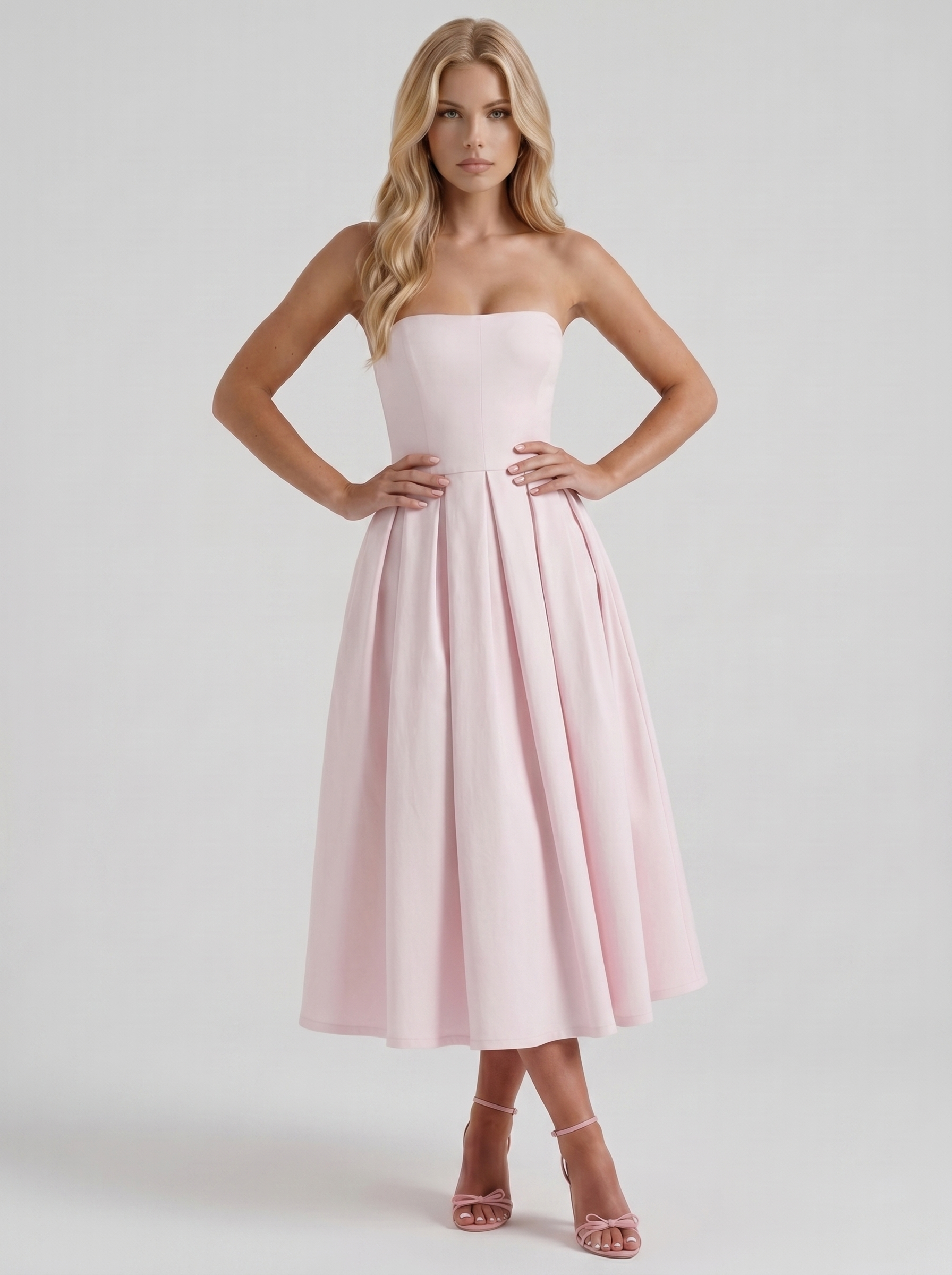 Women blush strapless pleated A line midi dress, 45 degree angle