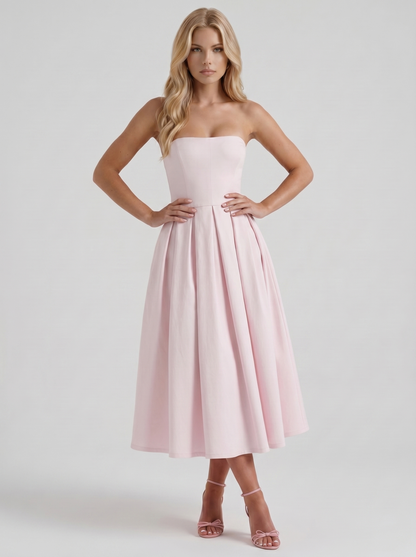 Women blush strapless pleated A line midi dress, 45 degree angle