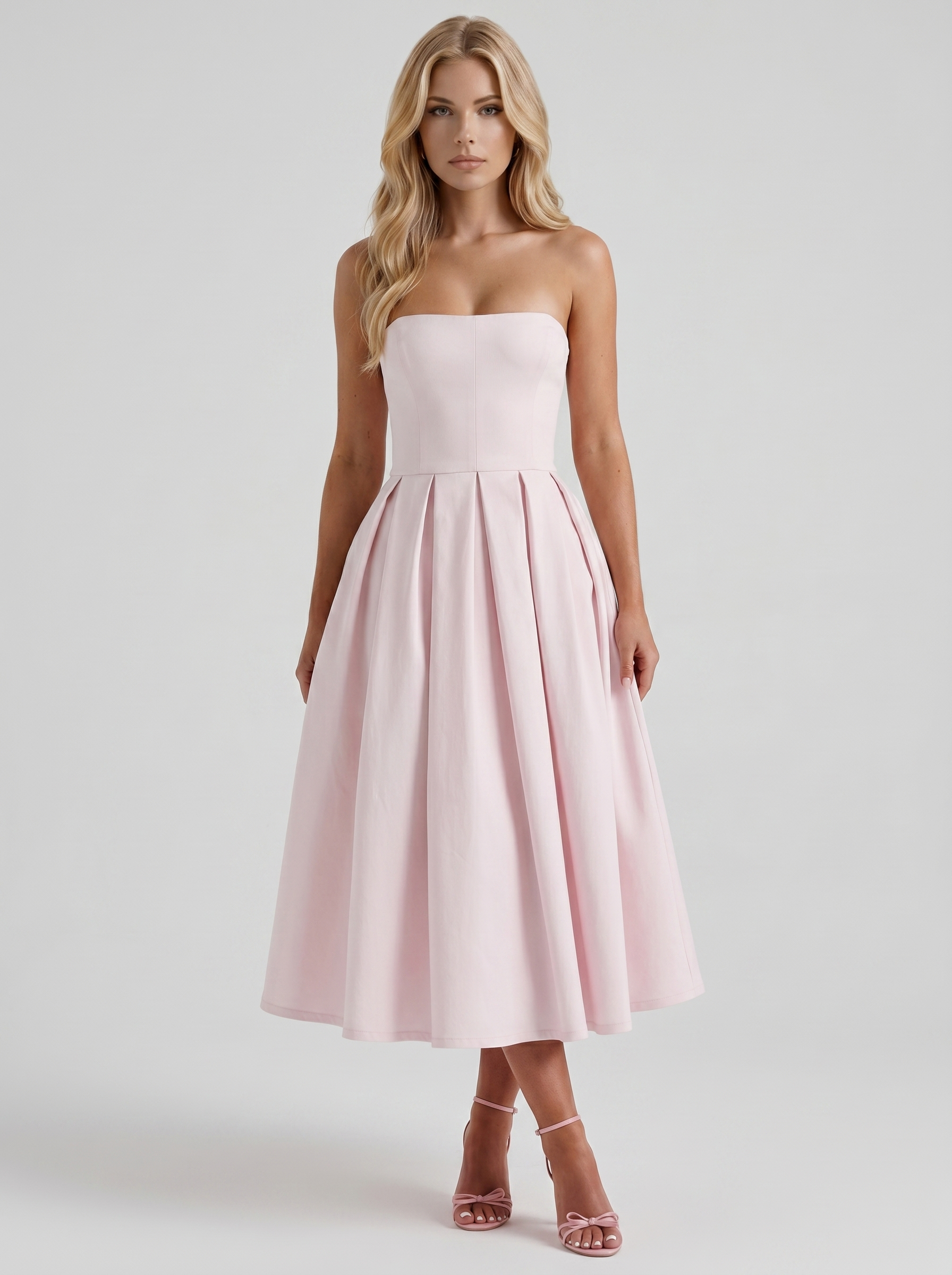Women blush strapless pleated A line midi dress with fitted bodice, front view