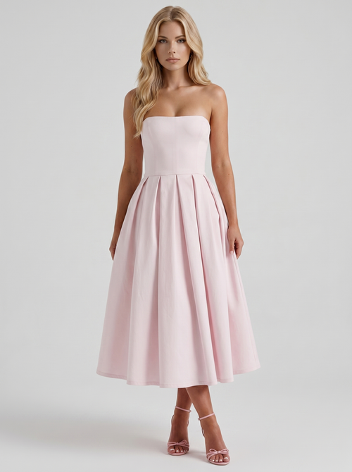 Women blush strapless pleated A line midi dress with fitted bodice, front view