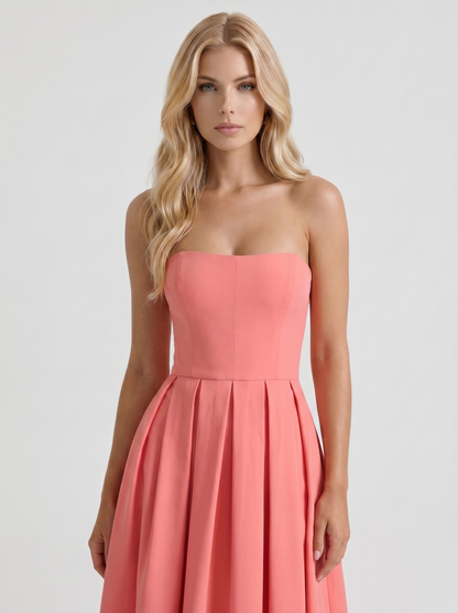Women coral pink strapless pleated midi dress with box pleats, front cropped view