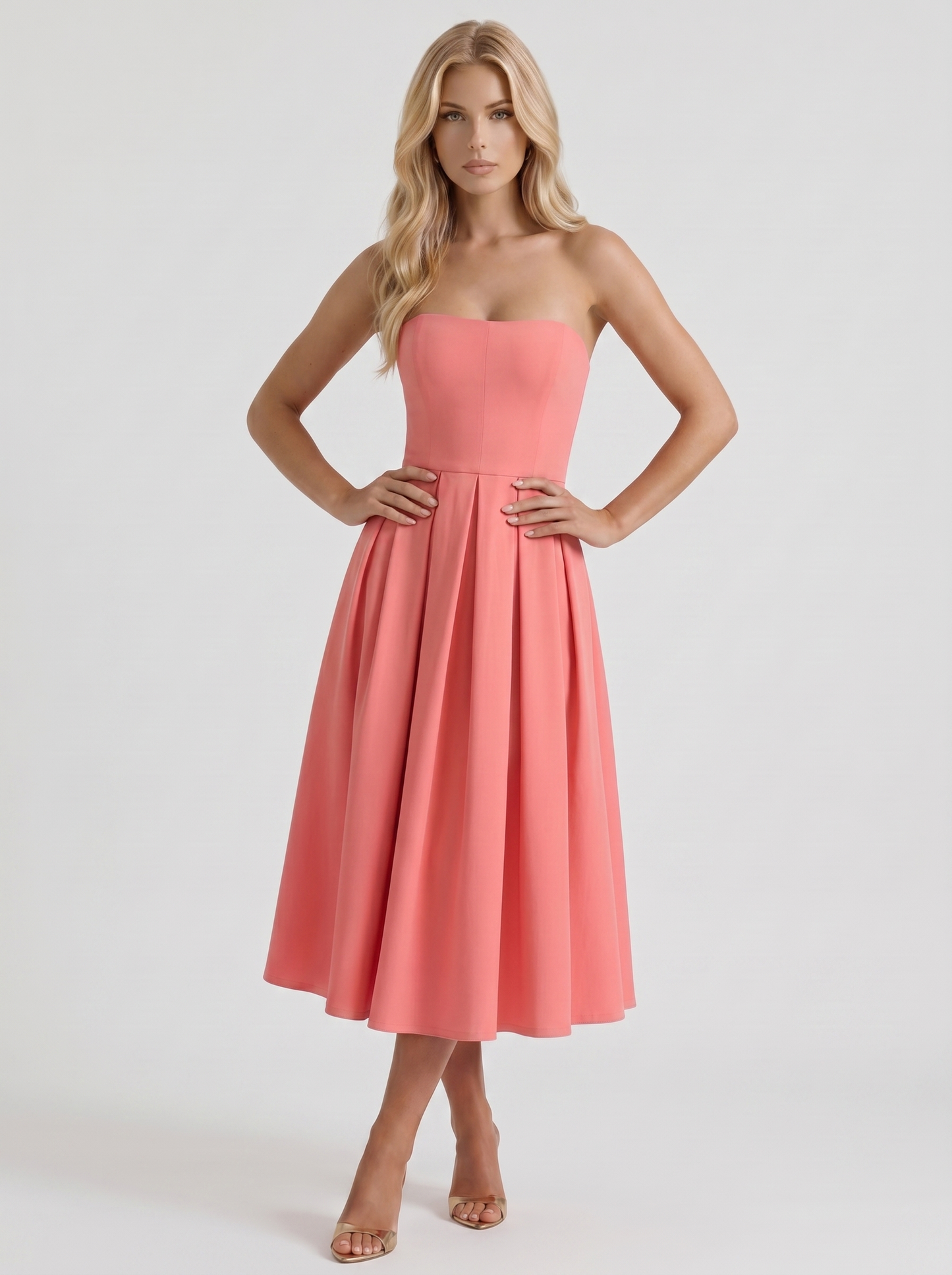 Women coral pink strapless pleated A line midi dress, 45 degree angle