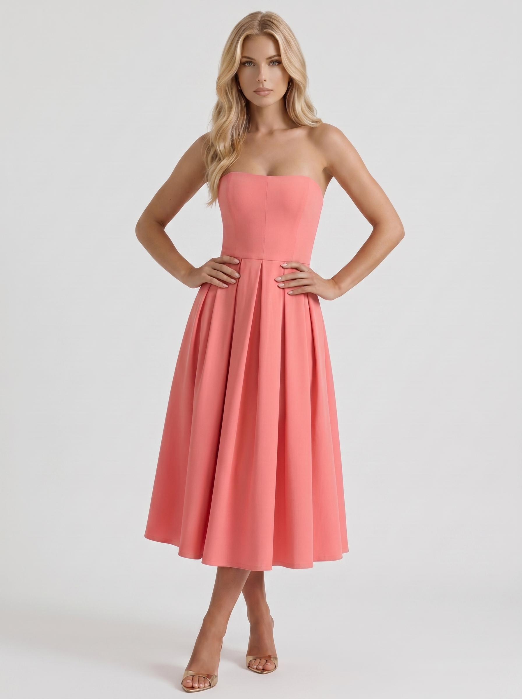 Women coral pink strapless pleated A line midi dress, 45 degree angle