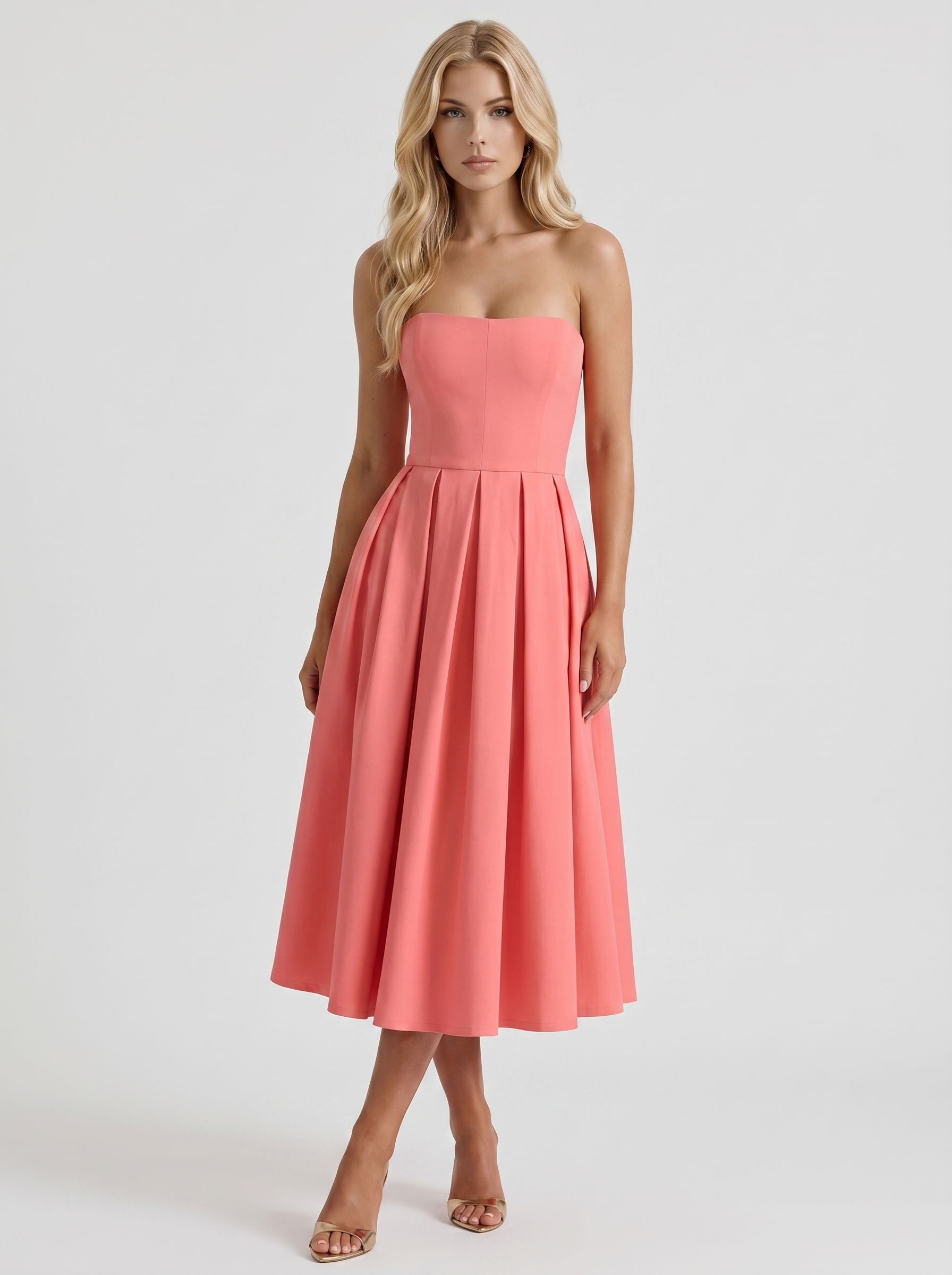 Audrey Strapless Pleated A Line Midi Dress - Coral Pink - XL - Fashion