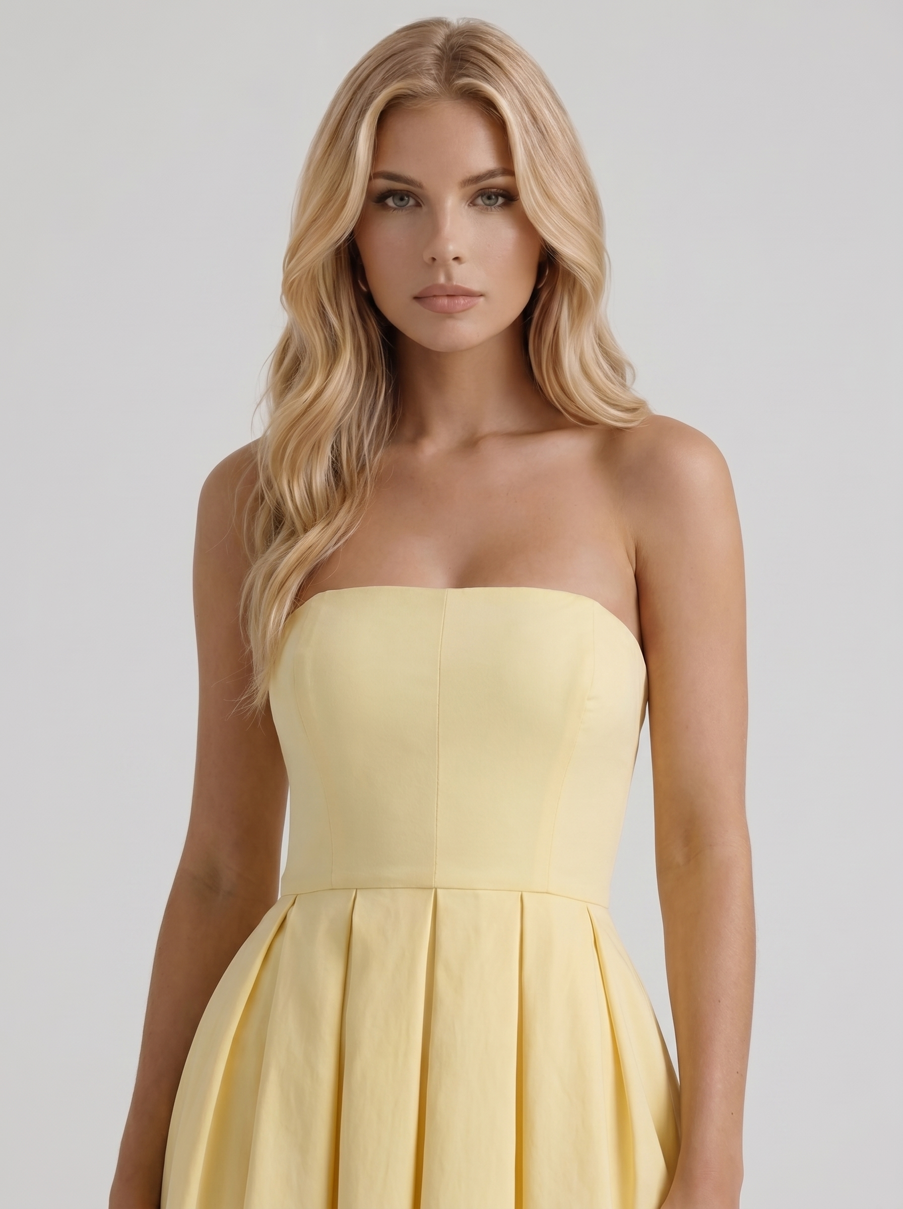 Women lemon strapless pleated midi dress with box pleats, front cropped view