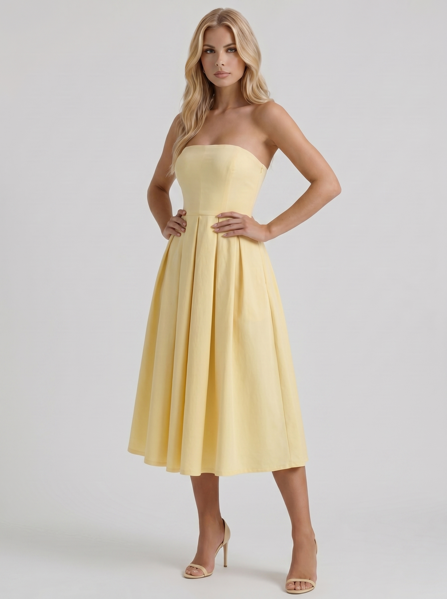 Women lemon strapless pleated A line midi dress, 45 degree angle