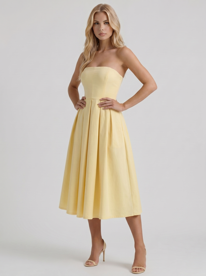 Women lemon strapless pleated A line midi dress, 45 degree angle