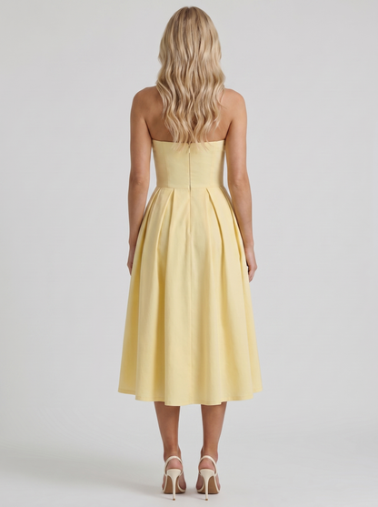 Women lemon strapless pleated midi dress with open back, back view