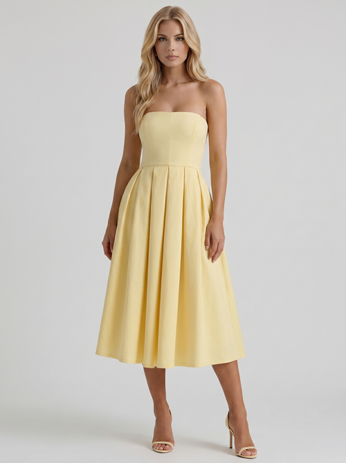Women lemon strapless pleated A line midi dress with fitted bodice, front view