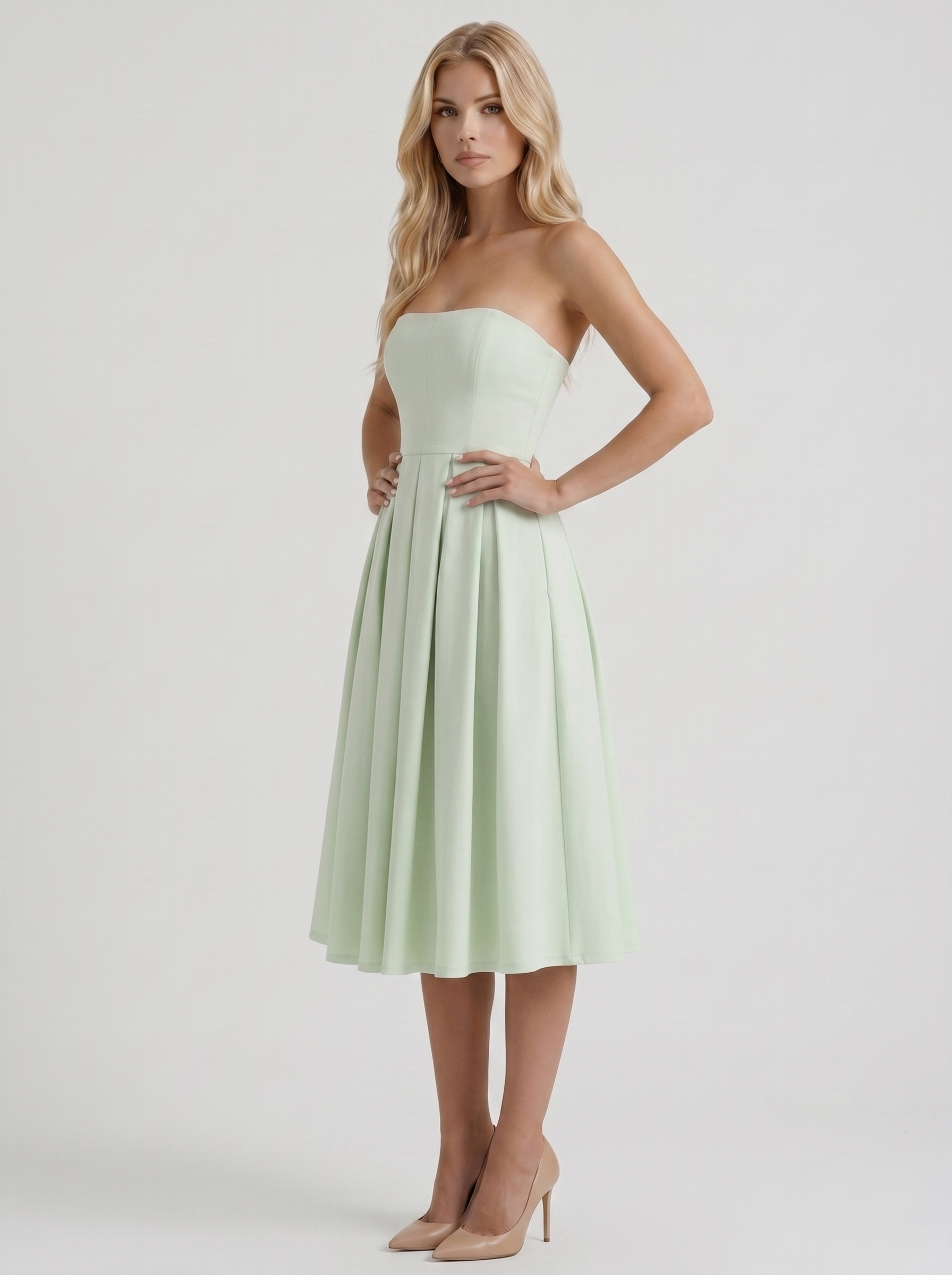 Women mint strapless pleated A line midi dress, 45 degree angle
