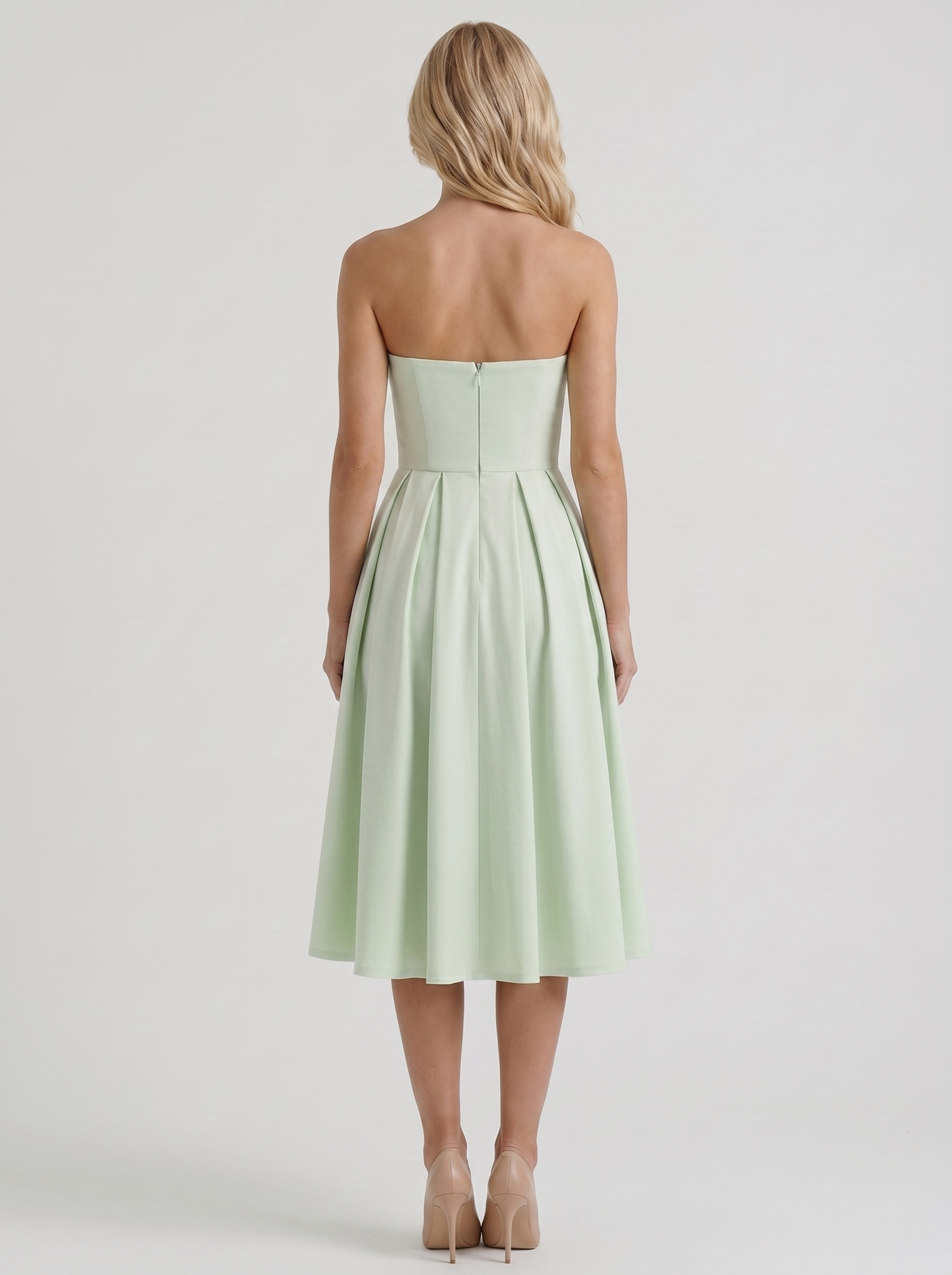 Women mint strapless pleated midi dress with open back, back view