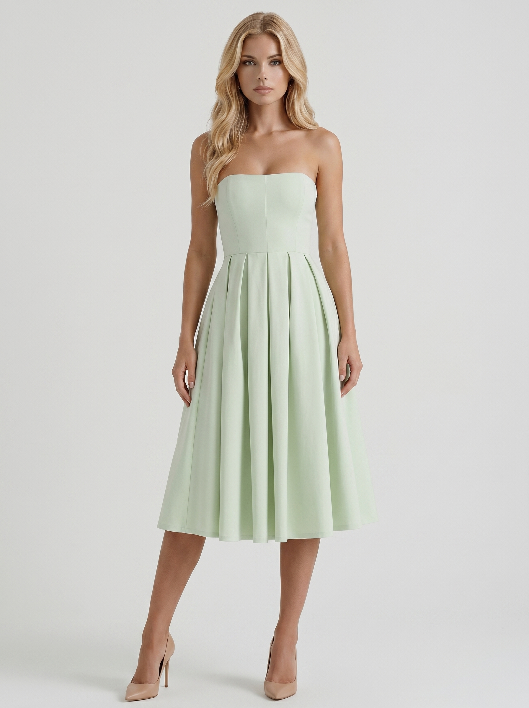 Women mint strapless pleated A line midi dress with fitted bodice, front view