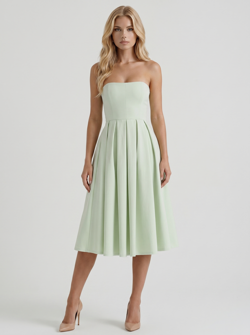 Women mint strapless pleated A line midi dress with fitted bodice, front view