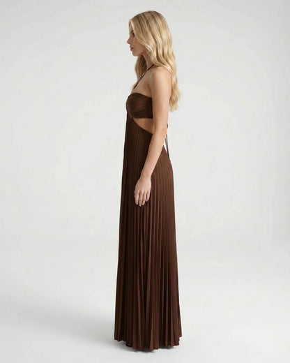 Aurora Pleated Cutout Maxi Dress - Brown