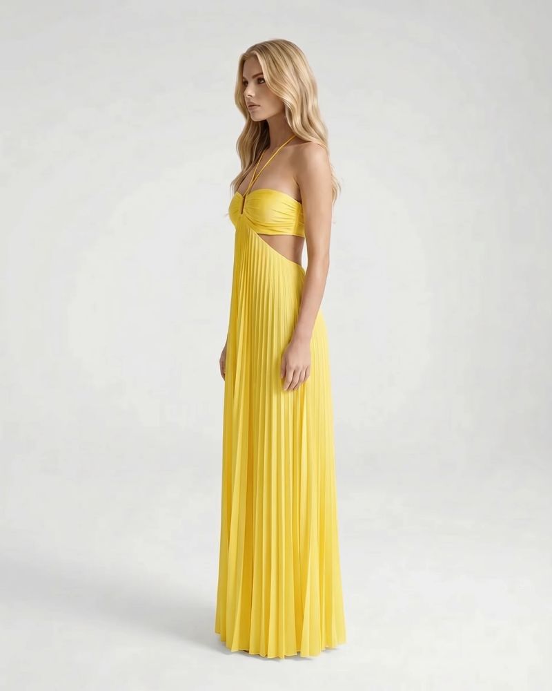 Aurora Pleated Cutout Maxi Dress - Yellow