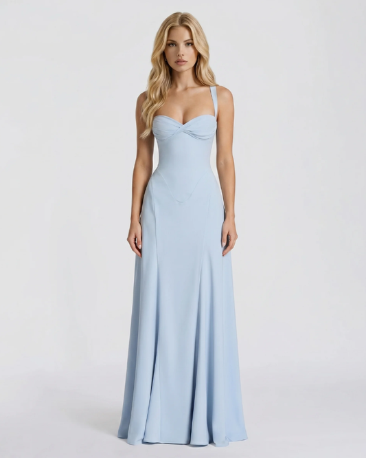 Women light blue corset maxi dress with sweetheart neckline and mermaid silhouette, front view