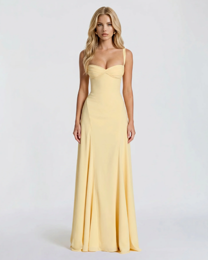 Women yellow corset maxi dress with sweetheart neckline and mermaid silhouette, front view