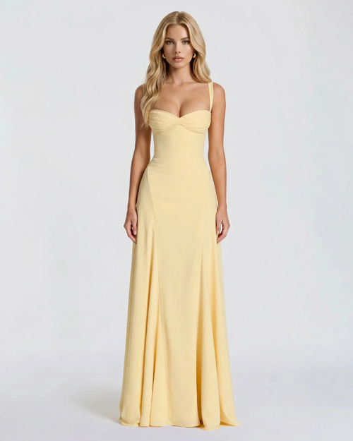 Women yellow corset maxi dress with sweetheart neckline and mermaid silhouette, front view