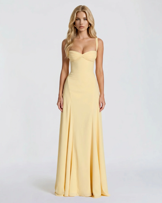 Women yellow corset maxi dress with sweetheart neckline and mermaid silhouette, front view