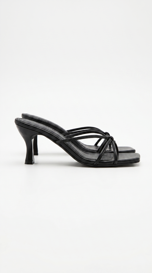 Women black heeled sandals with square toe and strappy design