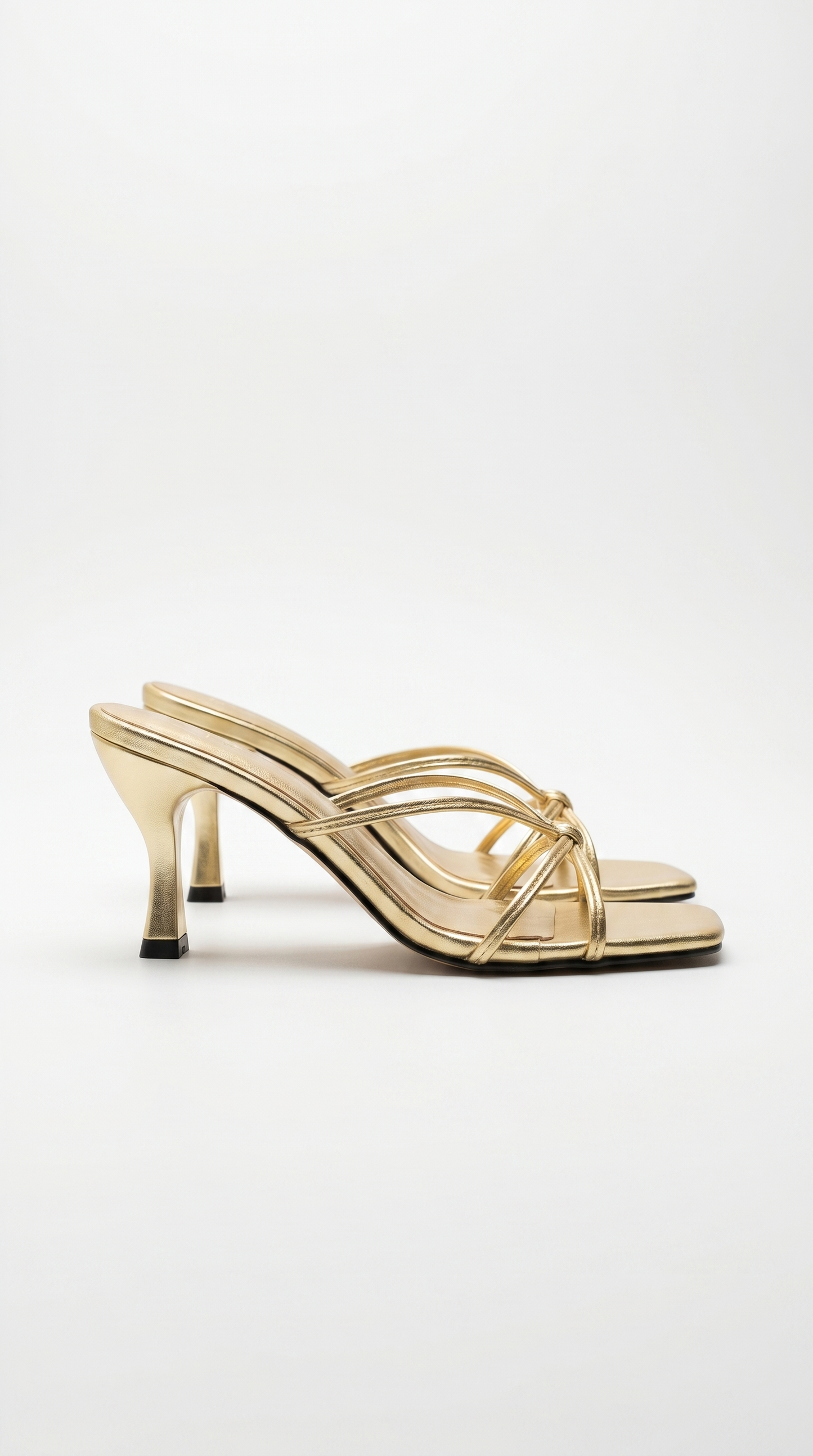 Women gold heeled sandals with square toe and strappy design