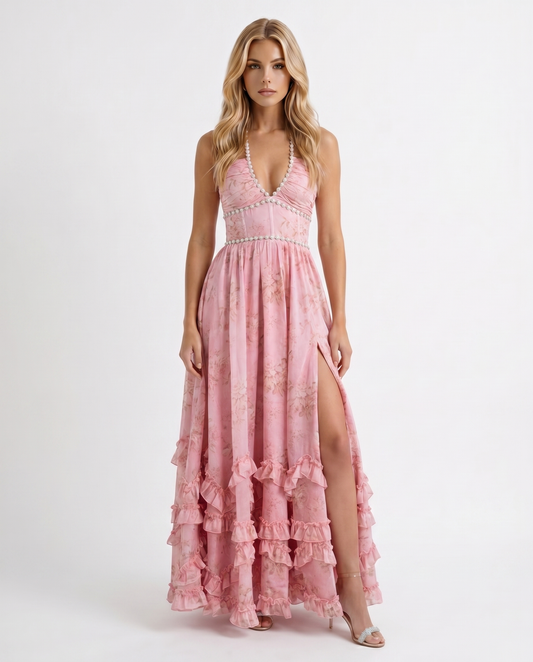 Women ballet rose floral halter neck maxi dress with deep V plunge and tiered ruffle skirt, front full view
