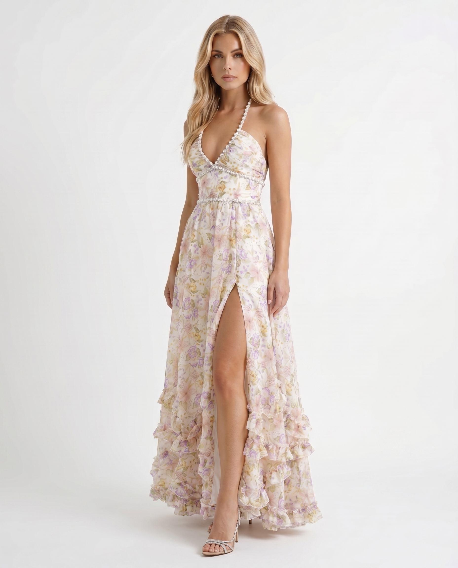 Bianca Ruffle Maxi Dress - Champagne Meadow - XS - Fashion
