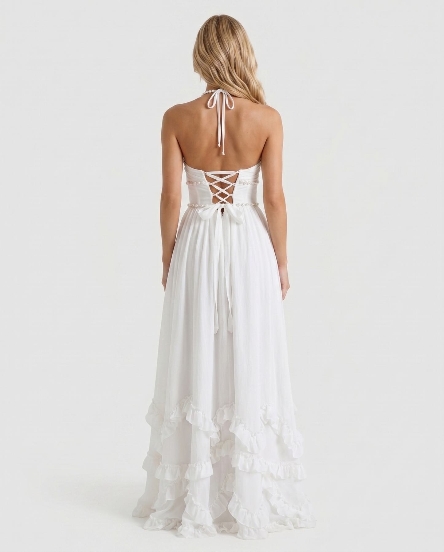 Women powder bloom halter maxi dress with pearl strap back and tiered ruffles, back view