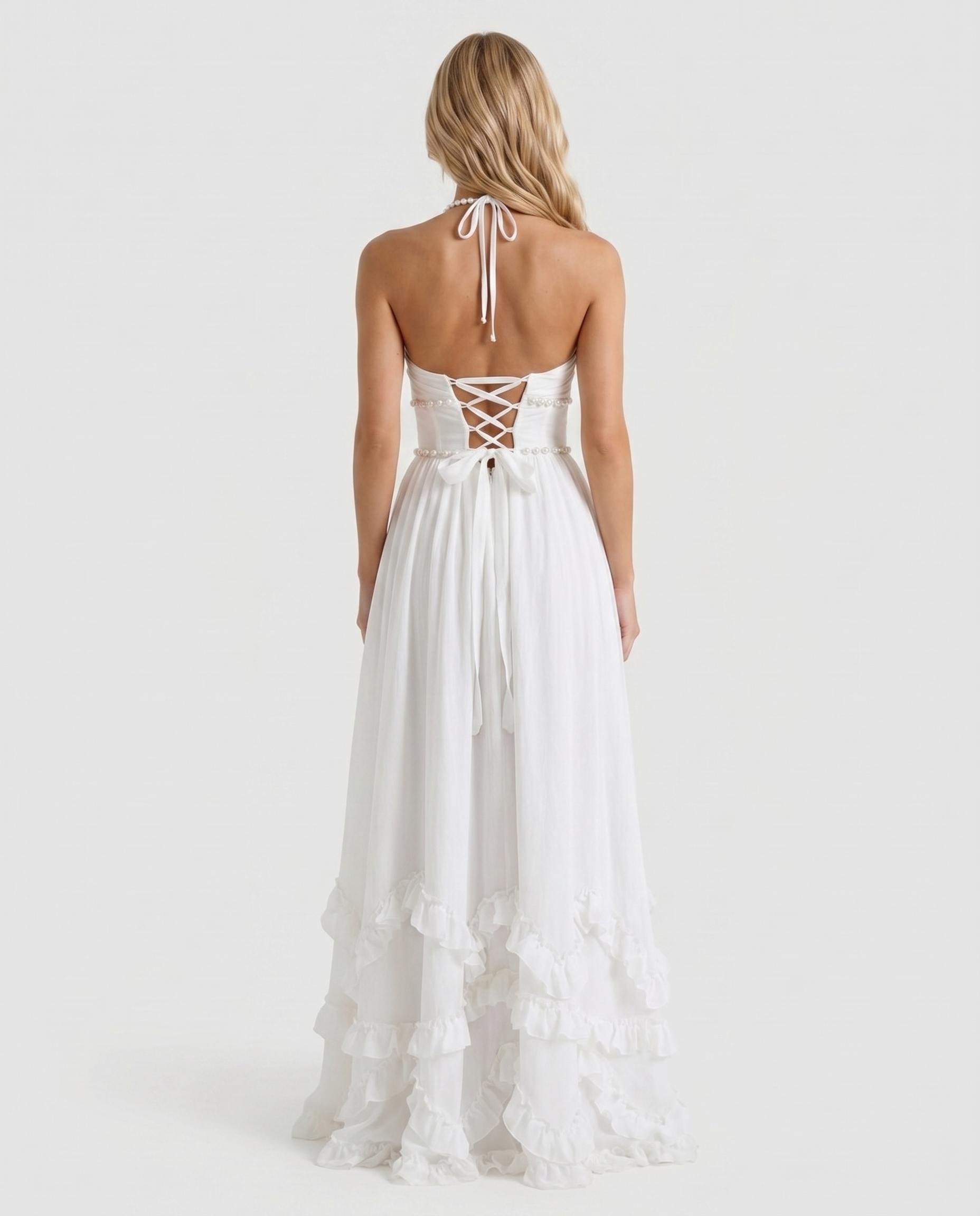 Women powder bloom halter maxi dress with pearl strap back and tiered ruffles, back view