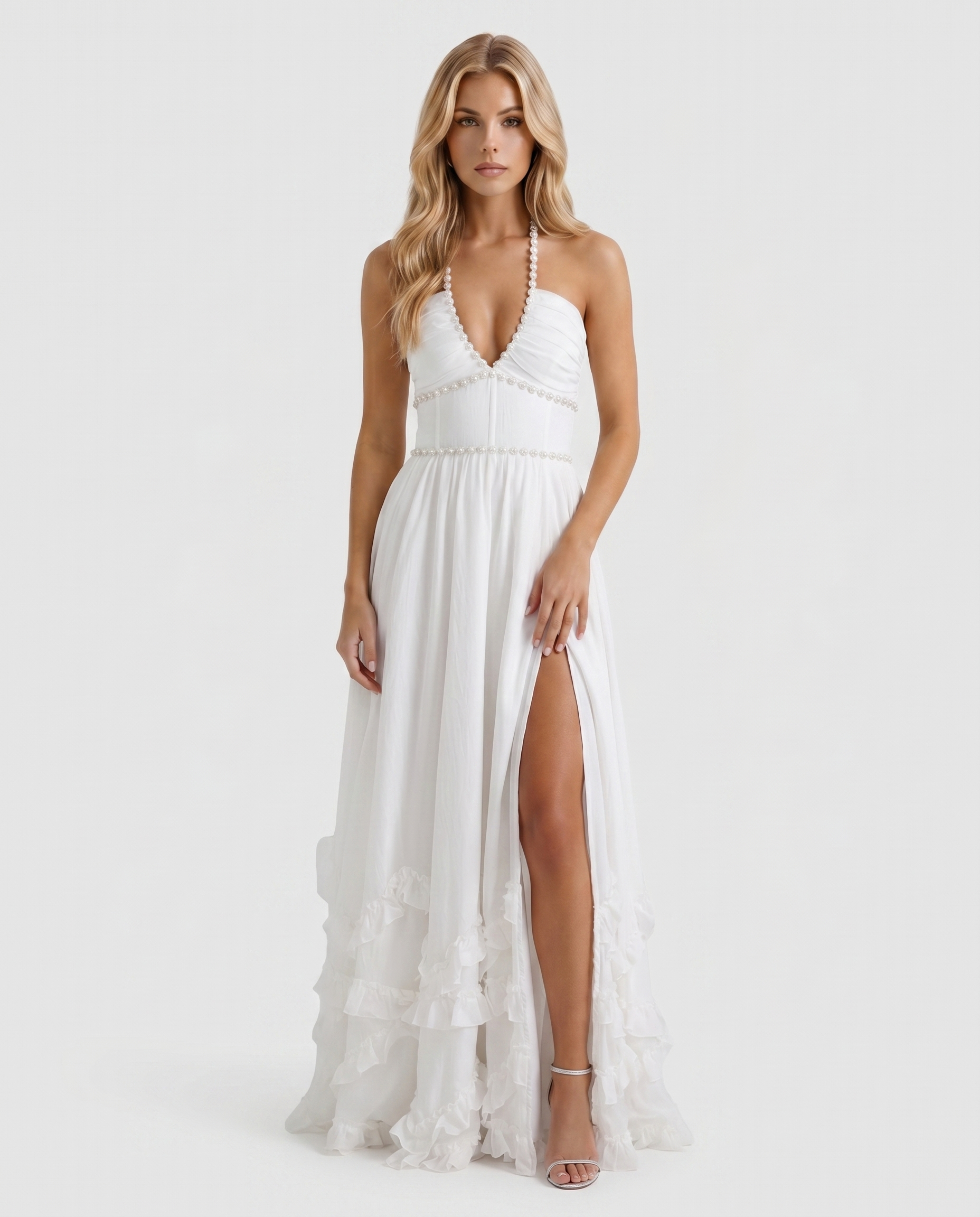 Women powder bloom halter neck maxi dress with deep V plunge and tiered ruffle skirt, front full view
