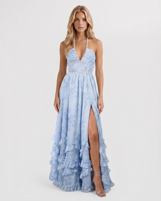Women sky whisper floral halter neck maxi dress with deep V plunge and tiered ruffle skirt, front full view