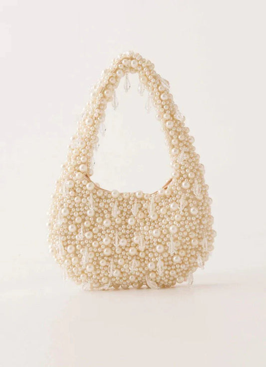 Women ivory shoulder bag with drop chain and pearl beading