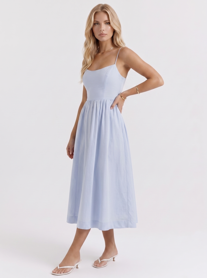 Women light blue midi dress with scoop neckline and thin straps