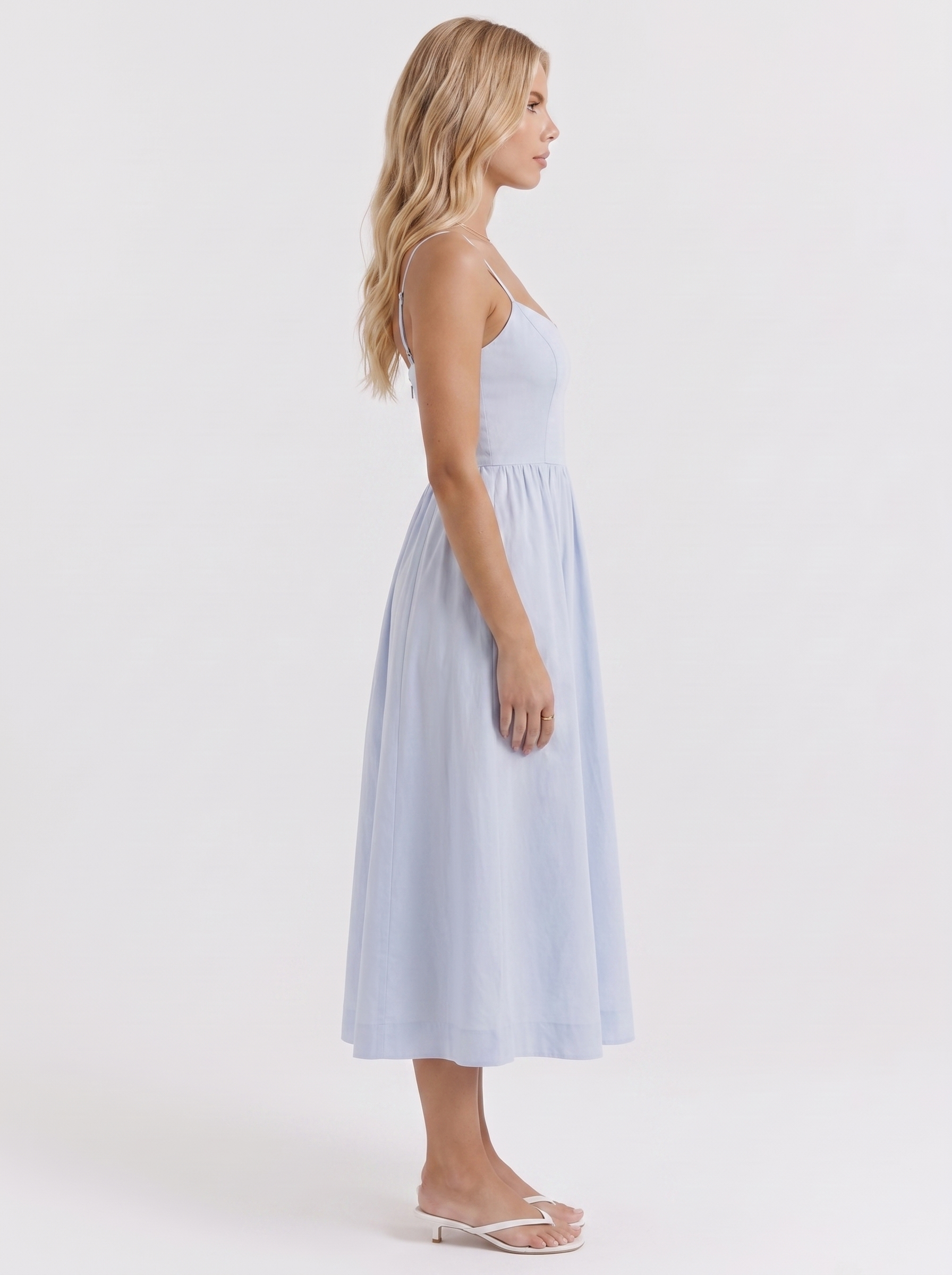 Women light blue midi dress with scoop neckline and thin straps