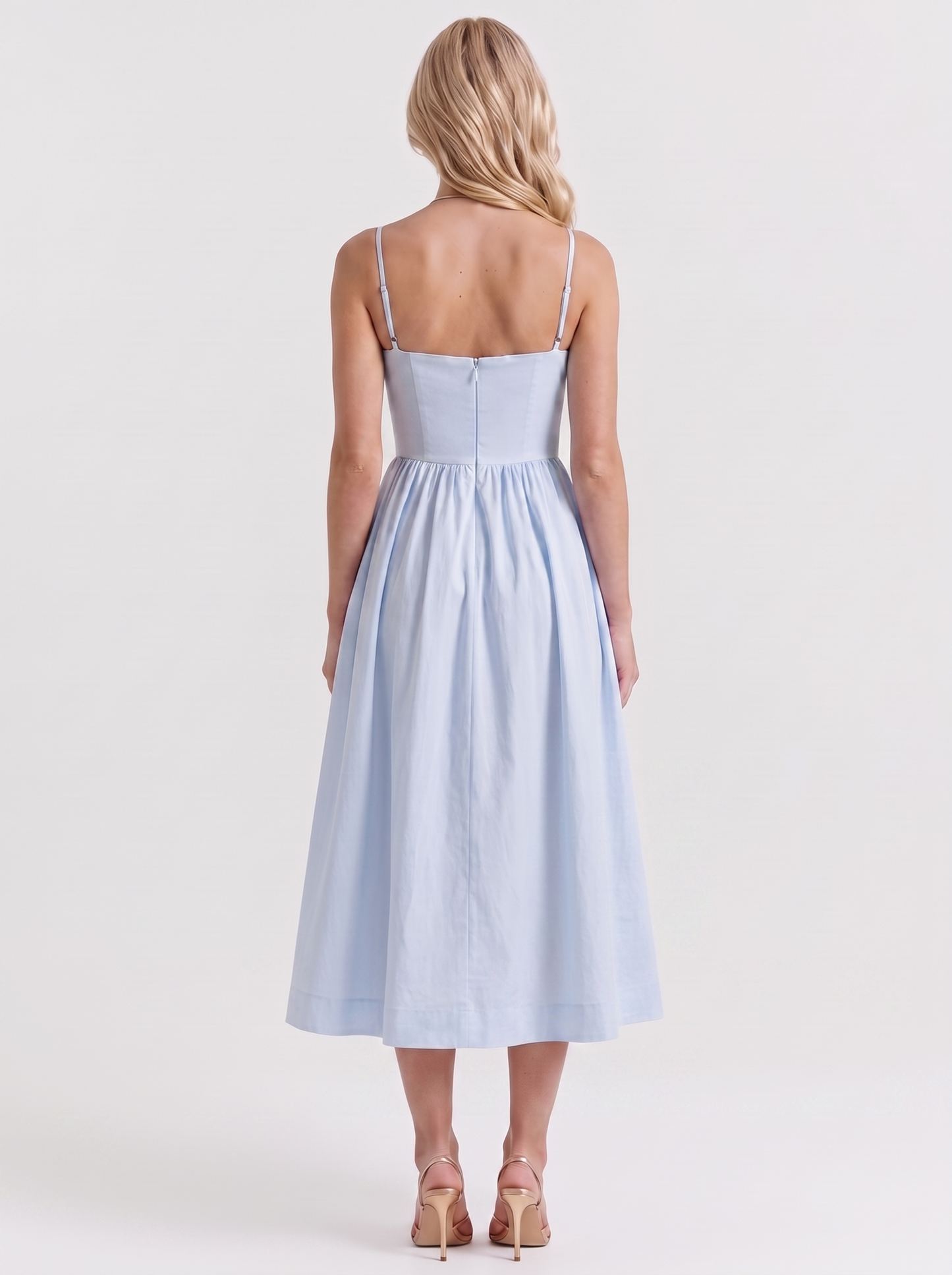 Women light blue midi dress with scoop neckline and thin straps