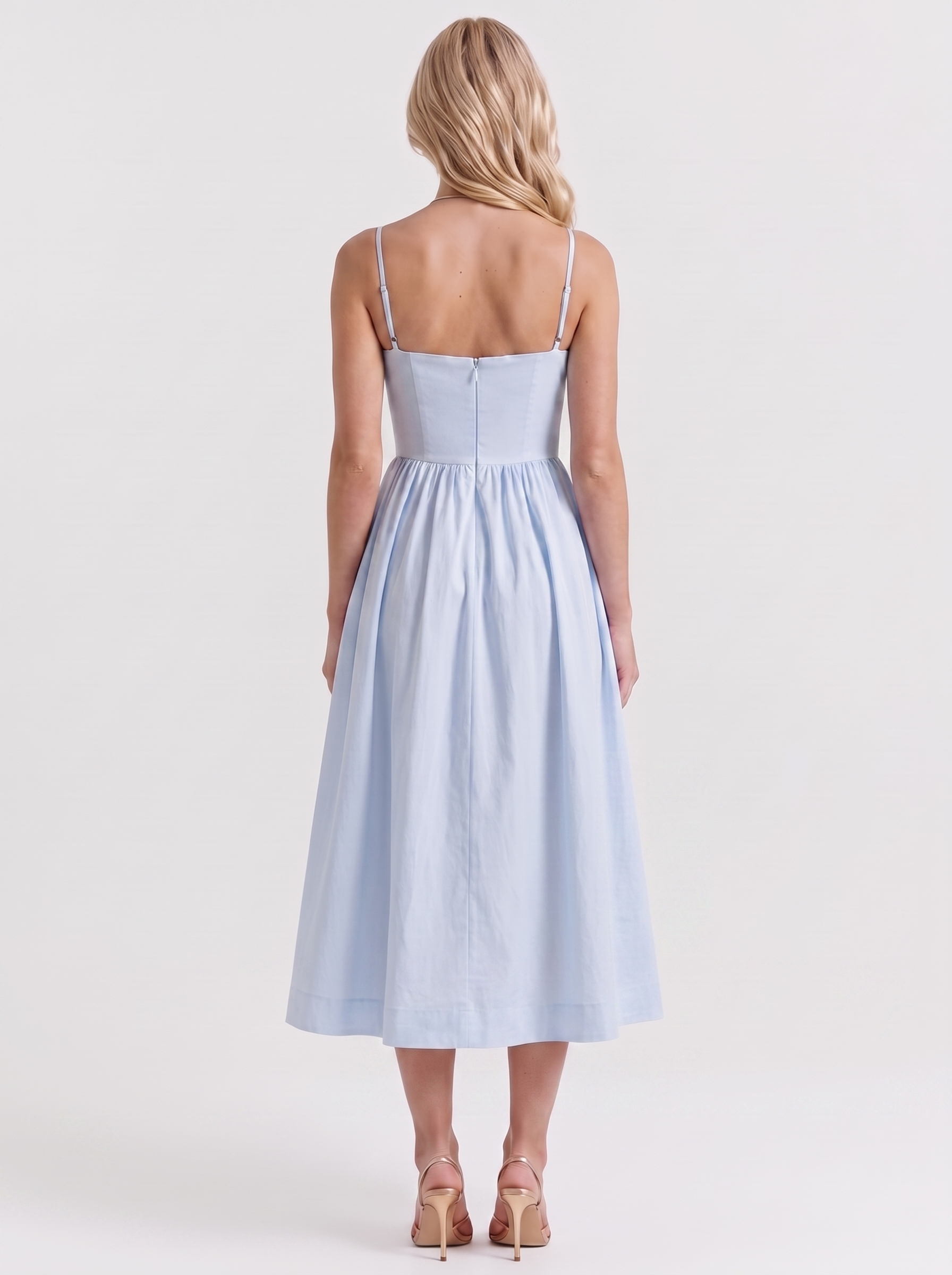 Women light blue midi dress with scoop neckline and thin straps