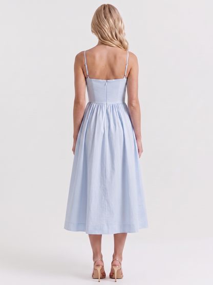 Women light blue midi dress with scoop neckline and thin straps
