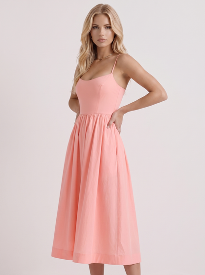 Women pink midi dress with scoop neckline and thin straps