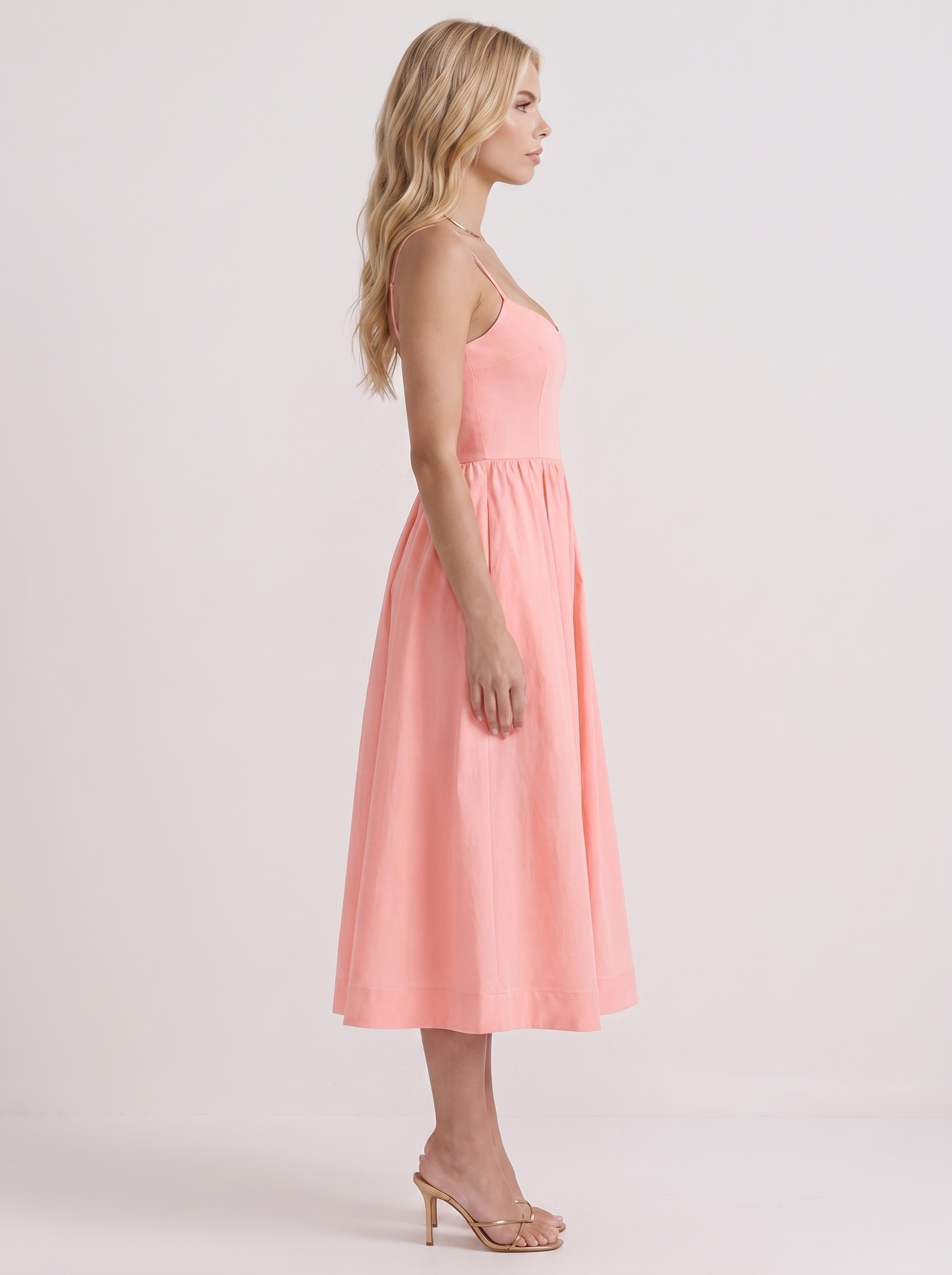 Women pink midi dress with scoop neckline and thin straps